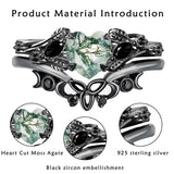 Sterling Silver Black Heart Moss Agate Engagement Wedding Ring Set for Women