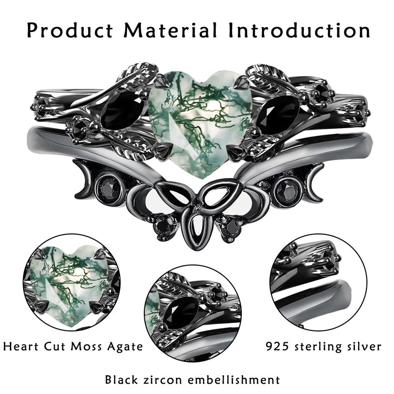 Sterling Silver Black Heart Moss Agate Engagement Wedding Ring Set for Women