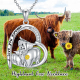 Sterling Silver Heart Highland Cow Pendant Necklace
