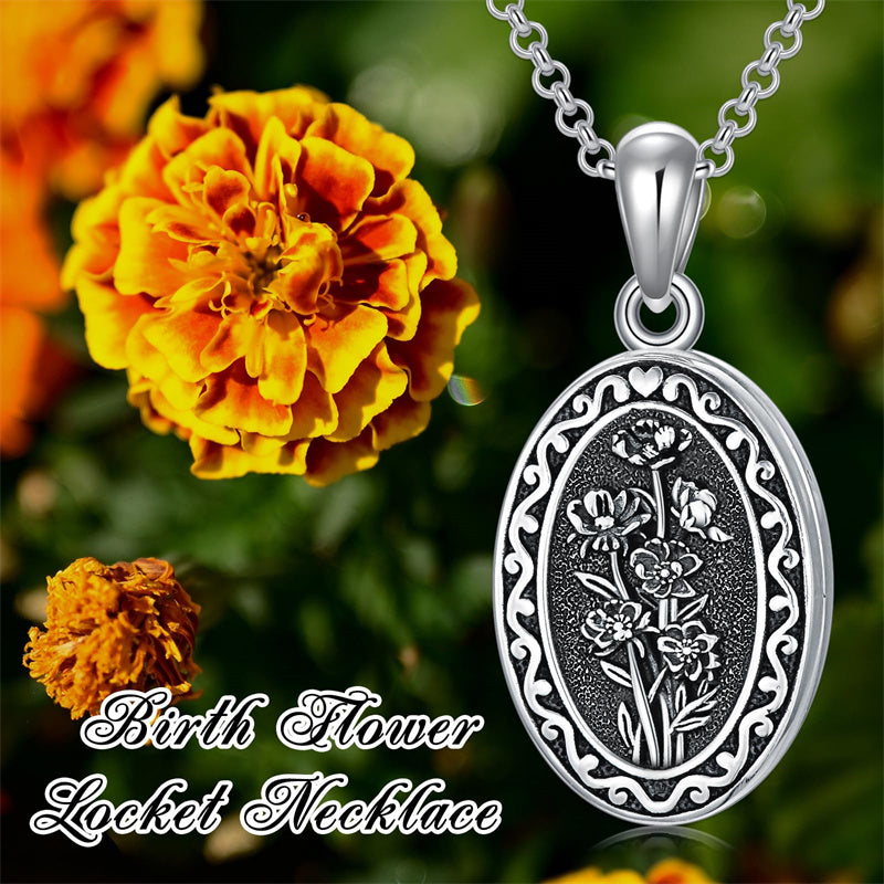 Sterling Silver Personalized Photo 12 Month Birth Flower Pendant Necklace