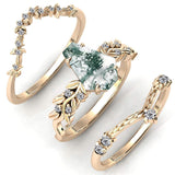 Sterling Silver Personalized Engraved Hexagon Moss Agate Engagement Black Ring Set Bridal Rings Set