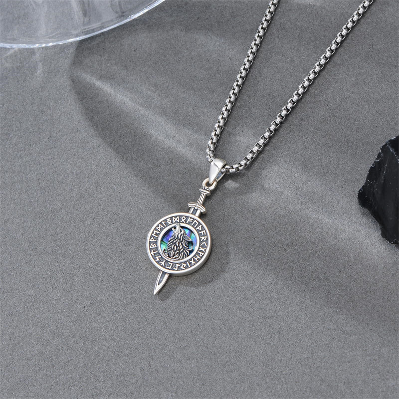 Sterling Silver Abalone Shell Viking Wolf Pendant Necklace