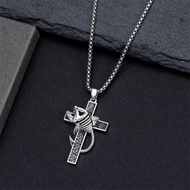 Sterling Silver Shark Fish Hook Triple Moon Cross Pendant Necklace