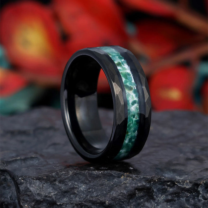 Sterling Silver Moss Agate Personalized Engraved Men's Wedding Ring