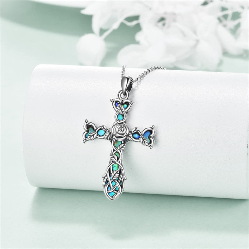 Sterling Silver Abalone Shell Turquoise Origami Cross Pendant Necklace