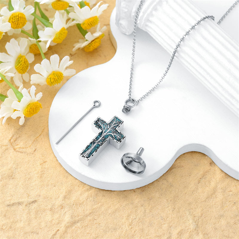 Sterling Silver 3D Bar Turquoise Tree of Life Urn Necklace for Ashes