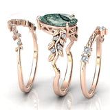 Sterling Silver Personalized Engraved Pear Moss Agate Engagement Black Ring Set Bridal Rings Set