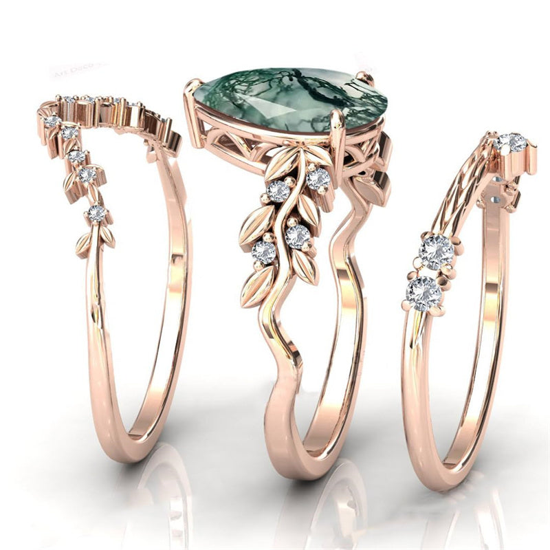 Sterling Silver Personalized Engraved Pear Moss Agate Engagement Black Ring Set Bridal Rings Set