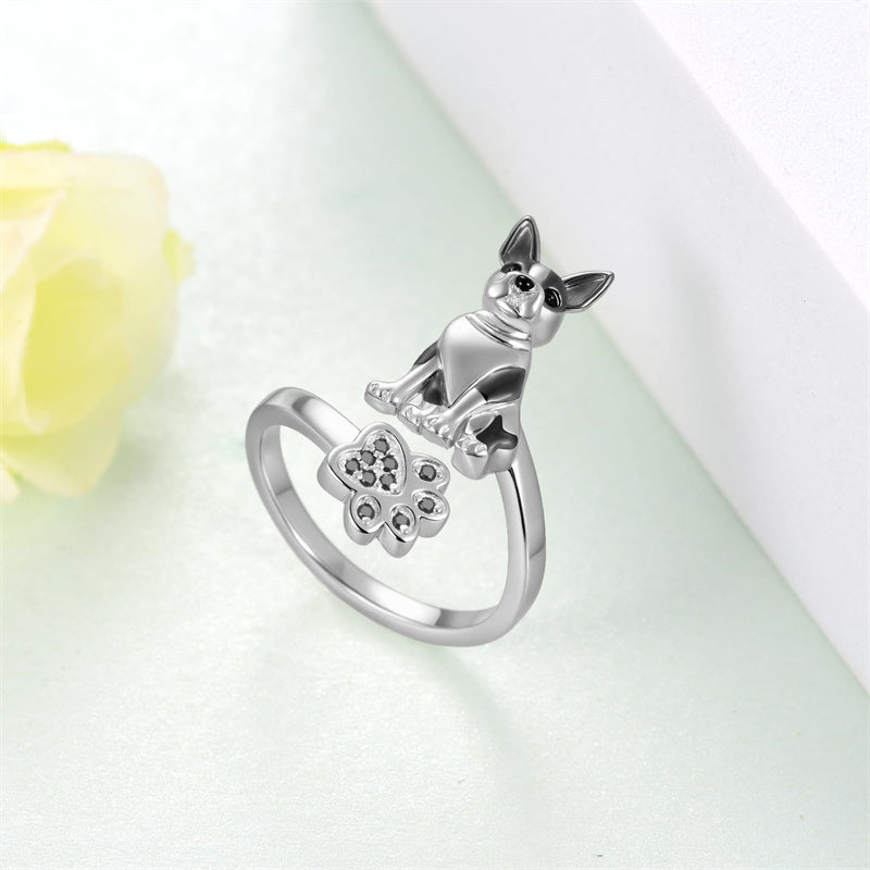 Sterling Silver Black Pug Doberman Boston Terrier Beagle Adjustable Ring