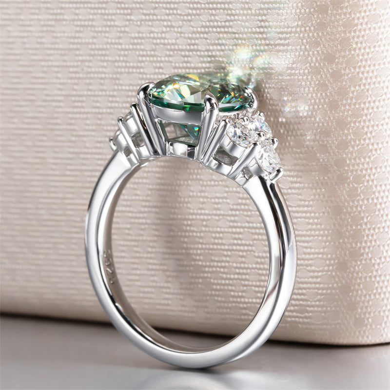 Sterling Silver 3.0 Carat Green Moissanite Engagement Ring