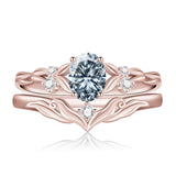 Sterling Silver 10K 14K 18K Gold  Oval Cut Unique Vine Gemstone Wedding Ring Set