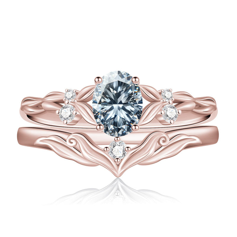 Sterling Silver 10K 14K 18K Gold  Oval Cut Unique Vine Gemstone Wedding Ring Set