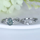 Sterling Silver Pear Kite Round Oval Cut Natural Moss Agate Leaf Engagement Wedding Promise Ring Set