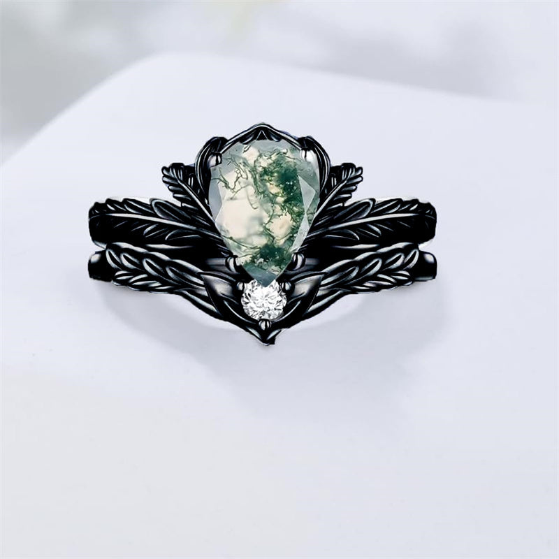 Sterling Silver Black Natural Moss Agate Engagement Ring Wedding Promise Ring Set