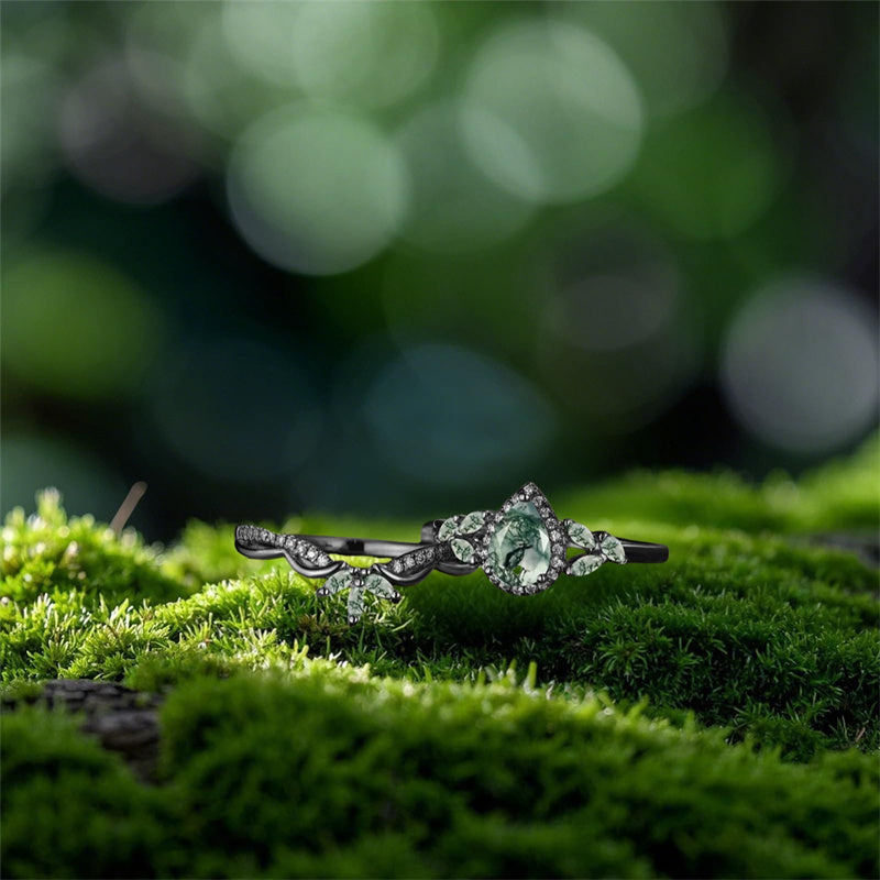 Sterling Silver 10K 14K 18K Gold  Personalized  Engraved Pear Kite Round Cut Moss Agate Engagement Ring Set