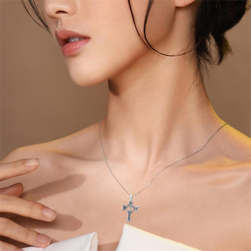 Sterling Silver Shark Fish Hook Triple Moon Cross Pendant Necklace