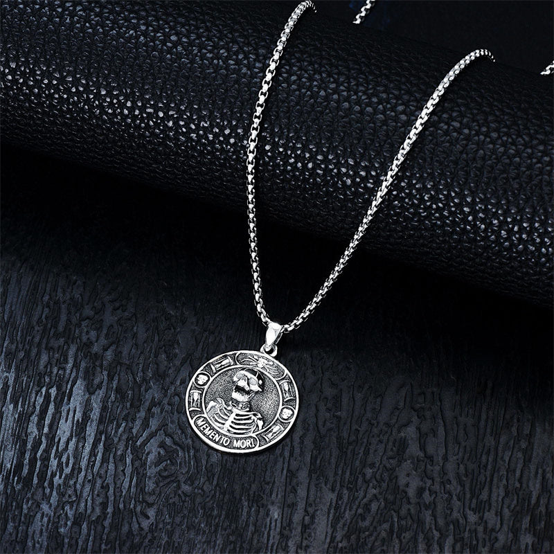 Sterling Silver Memento Mori Skull Pendant Necklace