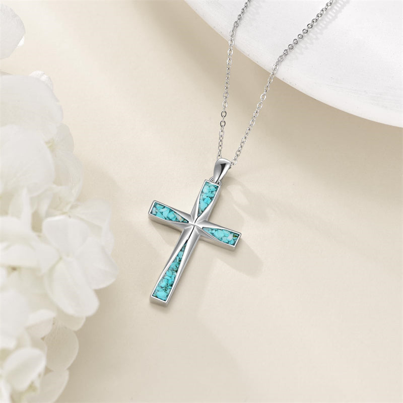 Sterling Silver Abalone Shell Turquoise Origami Cross Pendant Necklace