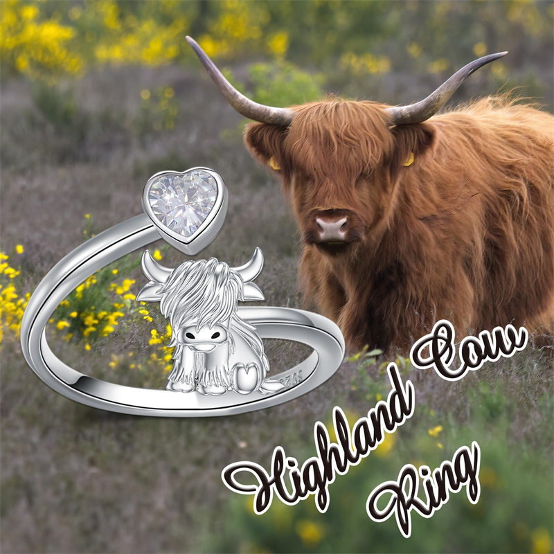 Sterling Silver Heart Birthstone Personalized Engraved Highland Cow Adjustable Ring