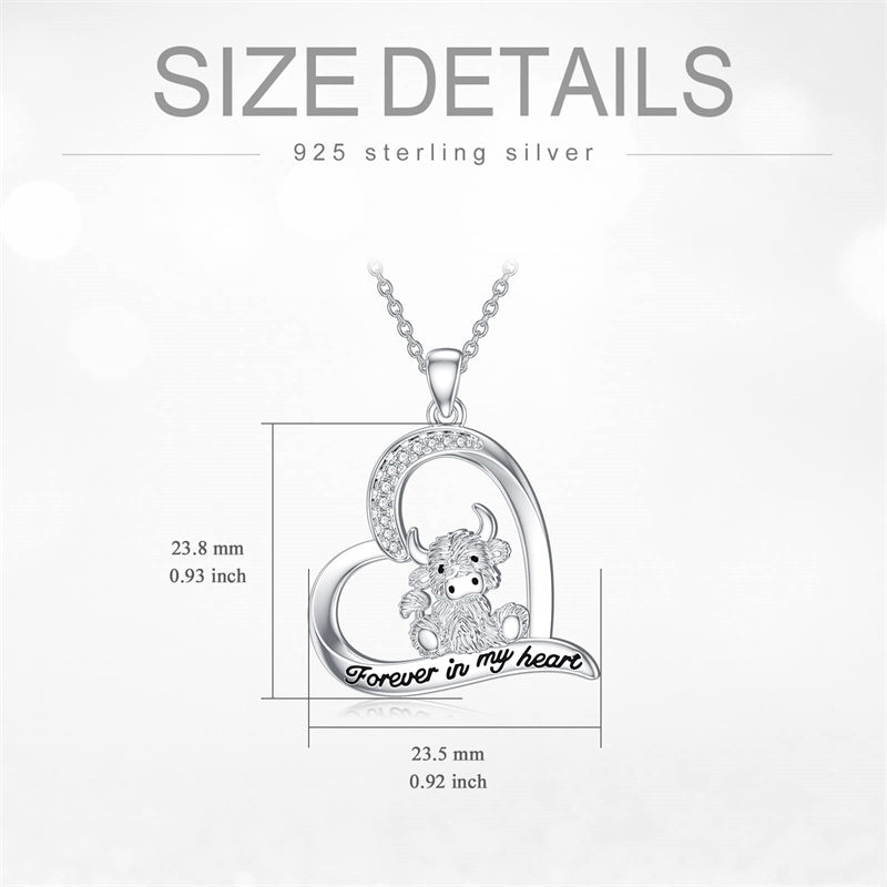 Sterling Silver Heart Highland Cow Pendant Necklace
