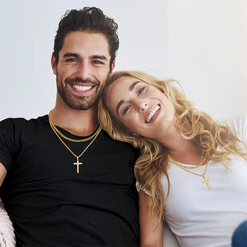 Sterling Silver Layered Cross Necklace for Men with Stainless Steel Cuban Link Rope Chain