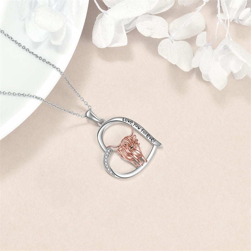 Sterling Silver Heart Highland Cow Pendant Necklace