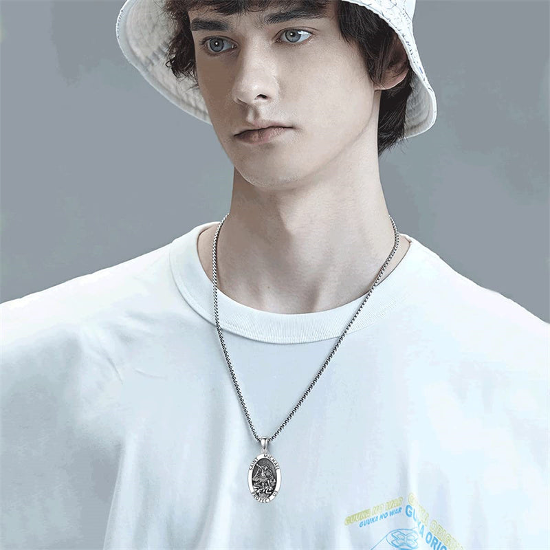 Sterling Silver Oval Round Medal St Michael Pendant Necklace