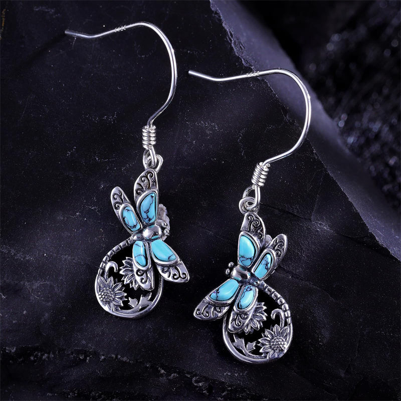 Sterling Silver Turquoise Dragonfly Spoon Ring and Dragonfly Sunflower Earrings