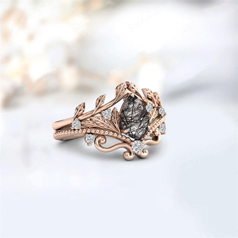 Sterling Silver 10K 14K 18K Personalized Engraved 2CT Natural Black Rutilated Quartz Engagement Ring Set