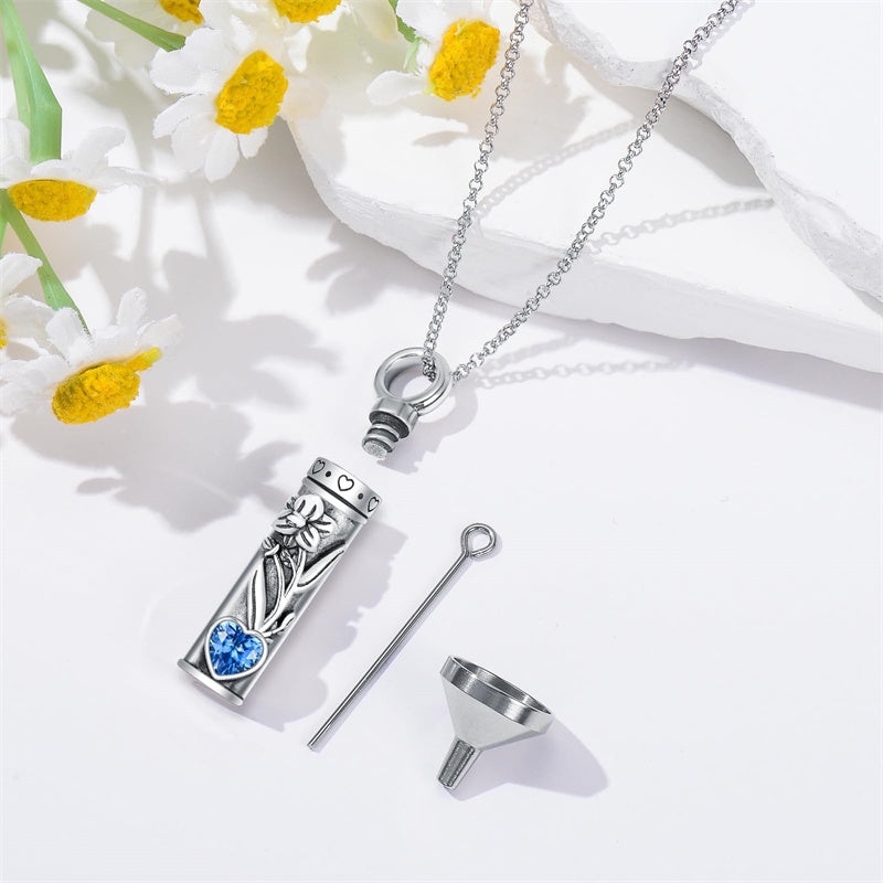 Sterling Silver 12 Birthstone Birth Flower  Urn Necklace for Ashes