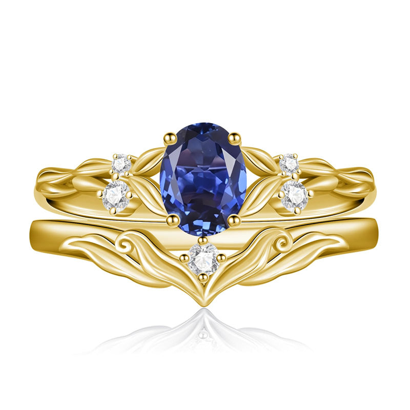 Sterling Silver 10K 14K 18K Gold  Oval Cut Unique Vine Gemstone Wedding Ring Set