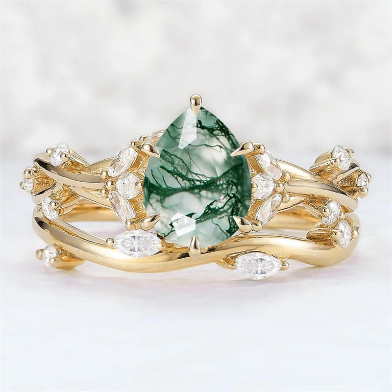 Sterling Silver 10K 14K 18K Gold  Personalized  Engraved Natural Moss Agate Engagement Bridal Wedding Ring Set