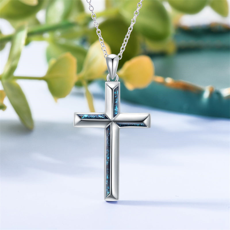 Sterling Silver Turquoise Abalone Shell Oxidation Cross Pendant Necklace