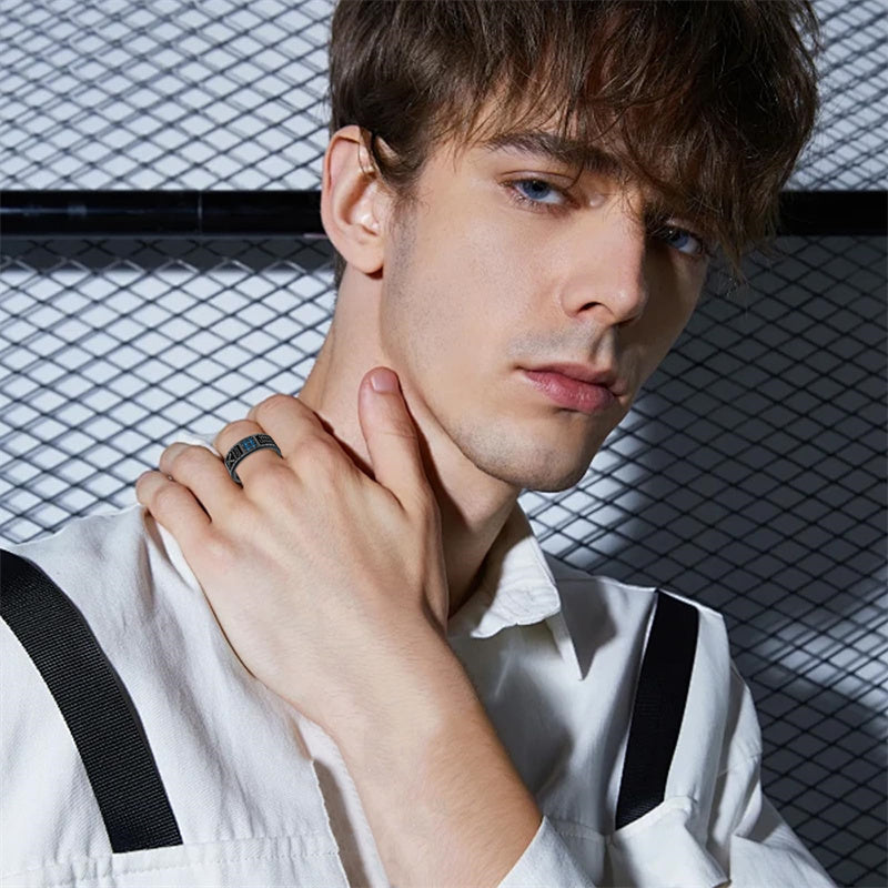 Sterling Silver Personalized Birthstone Engraved Pattern Class Band Ring For Men