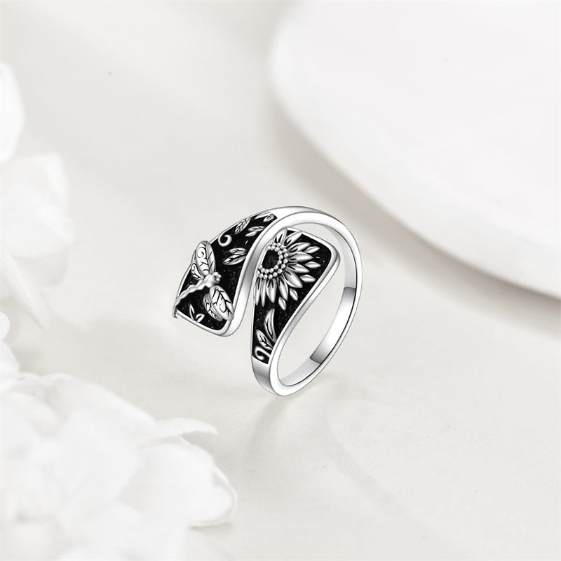 Sterling Silver Sunflower Dragonfly Spoon Ring for Women