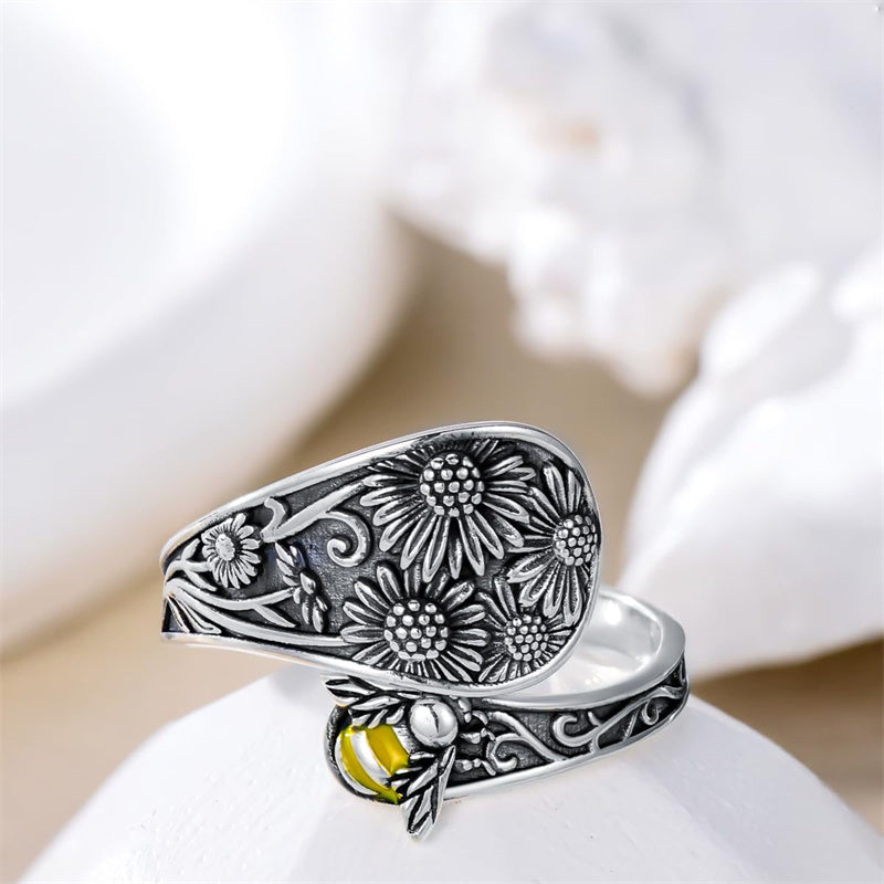 Sterling Silver Personalized Engraved Sunflower Bee Butterfly Adjustable Spoon Ring