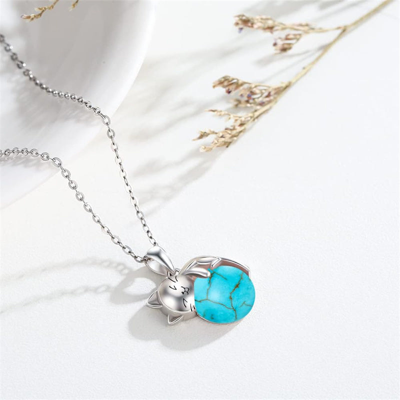 Sterling Silver Turquoise Larimar Labradorite Moss Agate Blue Sandstone  Cat Pendant Necklace