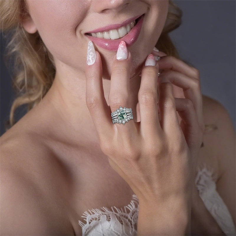 Sterling Silver Round Natural Moss Agate Couples Promise Wedding Ring Set