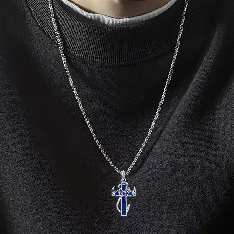 Sterling Silver Fish Hook Cross Pendant Necklace for Men