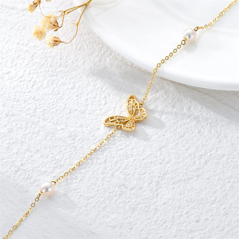 14k Gold Butterfly Pearl Single Layer Anklet