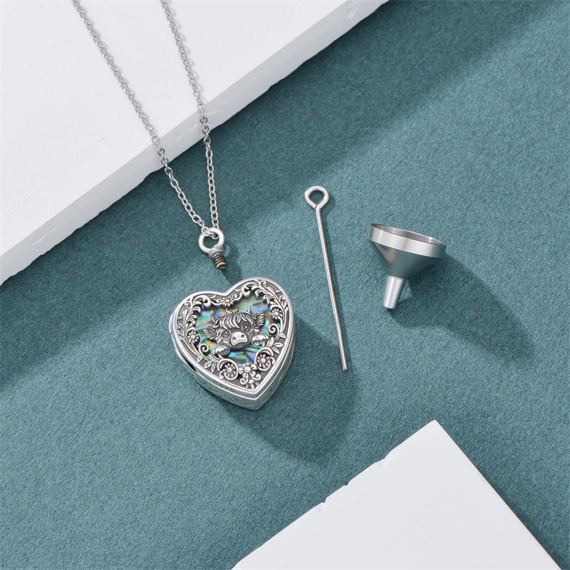 Sterling Silver Heart Abalone Shell Personalized Highland Cow Urn Necklace for Ashes