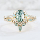 Sterling Silver 10K 14K 18K Gold  Personalized  Engraved Natural Moss Agate Engagement Bridal Wedding Ring Set