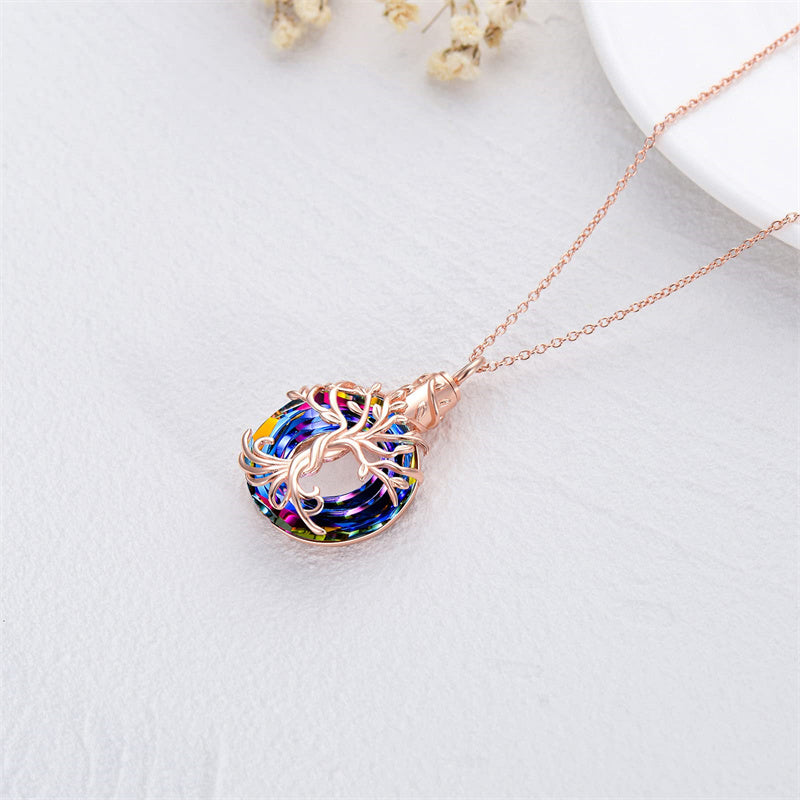 Sterling Silver Circle Crystal Tree of Life Urn Necklace for Ashes