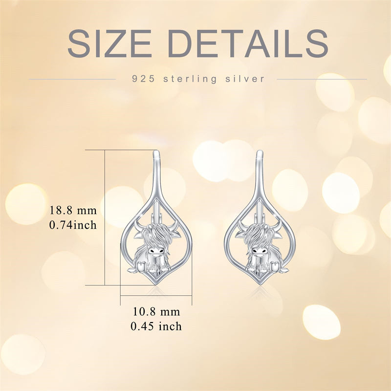 Sterling Silver Highland Cow Dangle  Leverback Earrings