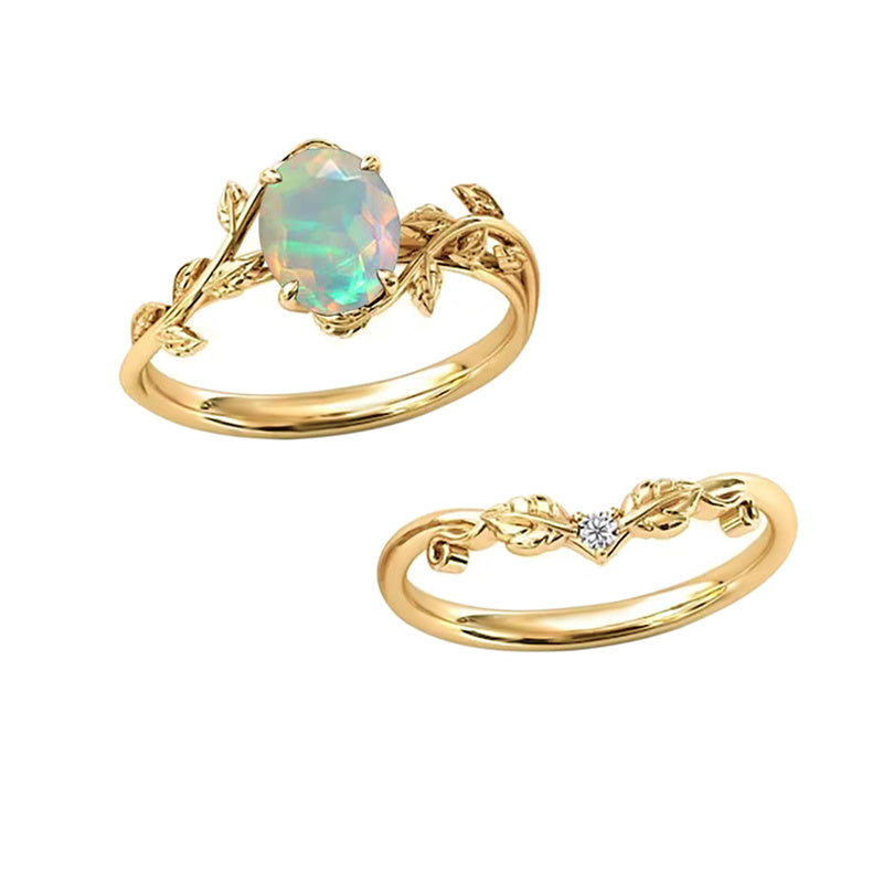 Sterling Silver 10K 14K Gold Leaf Oval Cut Vine Gemstone Set Engagement Wedding Ring