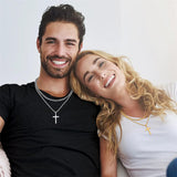 Sterling Silver Layered Cross Necklace for Men with Stainless Steel Cuban Link Rope Chain