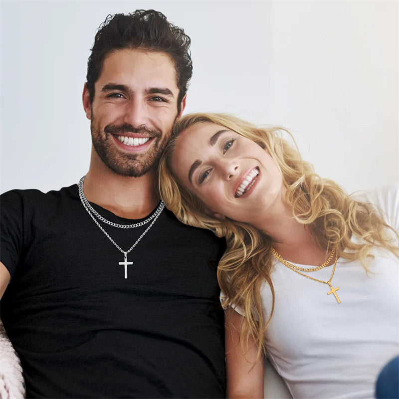 Sterling Silver Layered Cross Necklace for Men with Stainless Steel Cuban Link Rope Chain