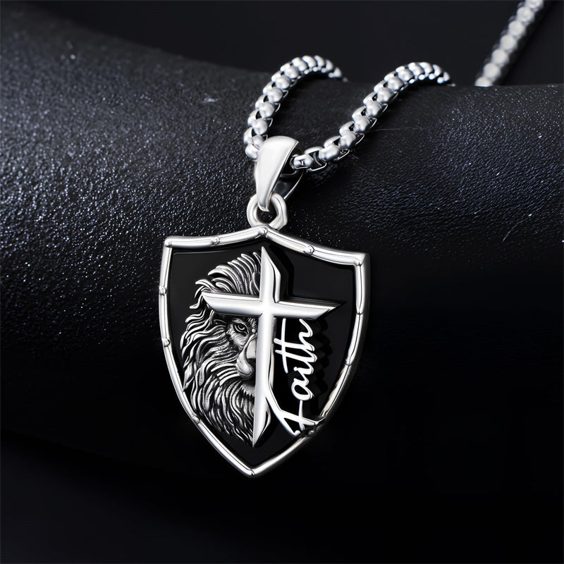 Sterling Silver Faith Bible Lion Pendant Necklace for Men