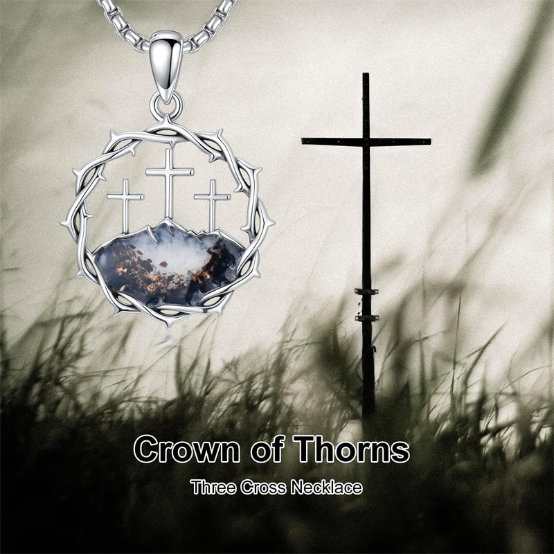 Sterling Silver Crown of Thorns Crucifix Cross Pendant Necklace for Men
