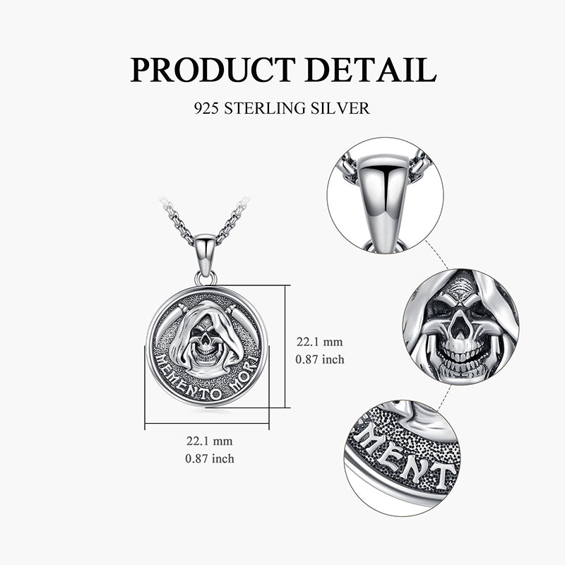 Sterling Silver Memento Mori Gothic Skull Amulet Pendant Necklace for Men